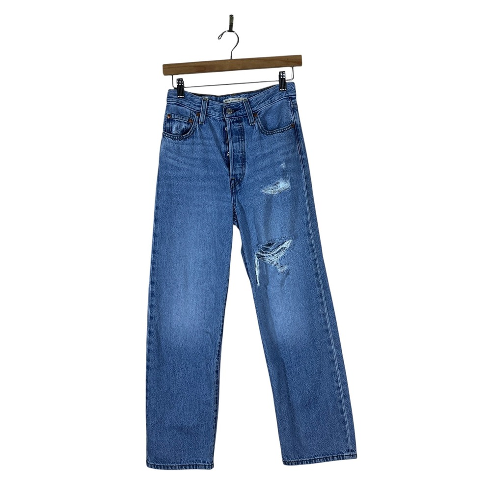 Levis Premium Ribcage Straight Ankle Distressed Jeans Blue Edgy High Rise Size25